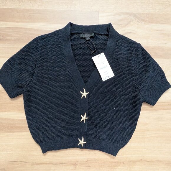 NWT Zara Starfish Button Cardigan Sweater Medium Navy Textured Knit Gold Button - Picture 1 of 6